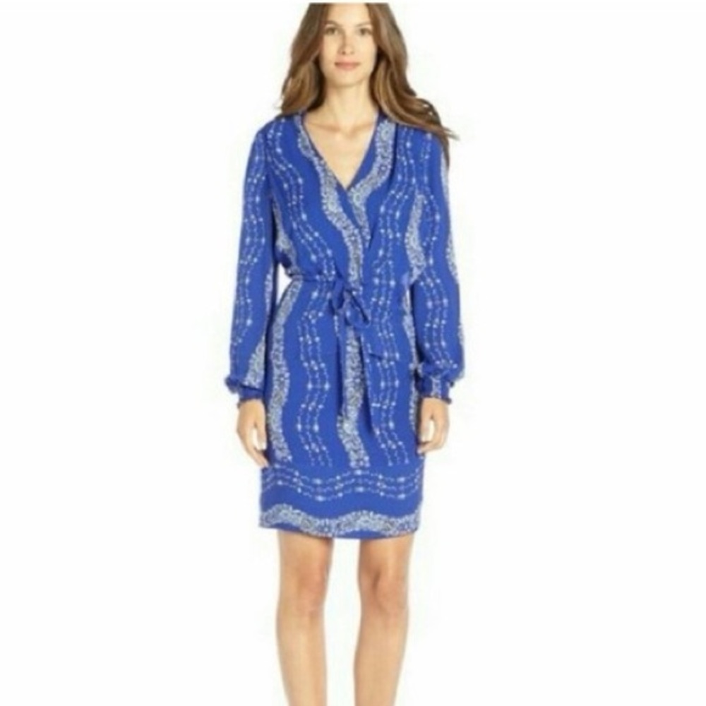 Marchesa Blue Printed V-Neck Long Sleeve Tie-Waist Dress